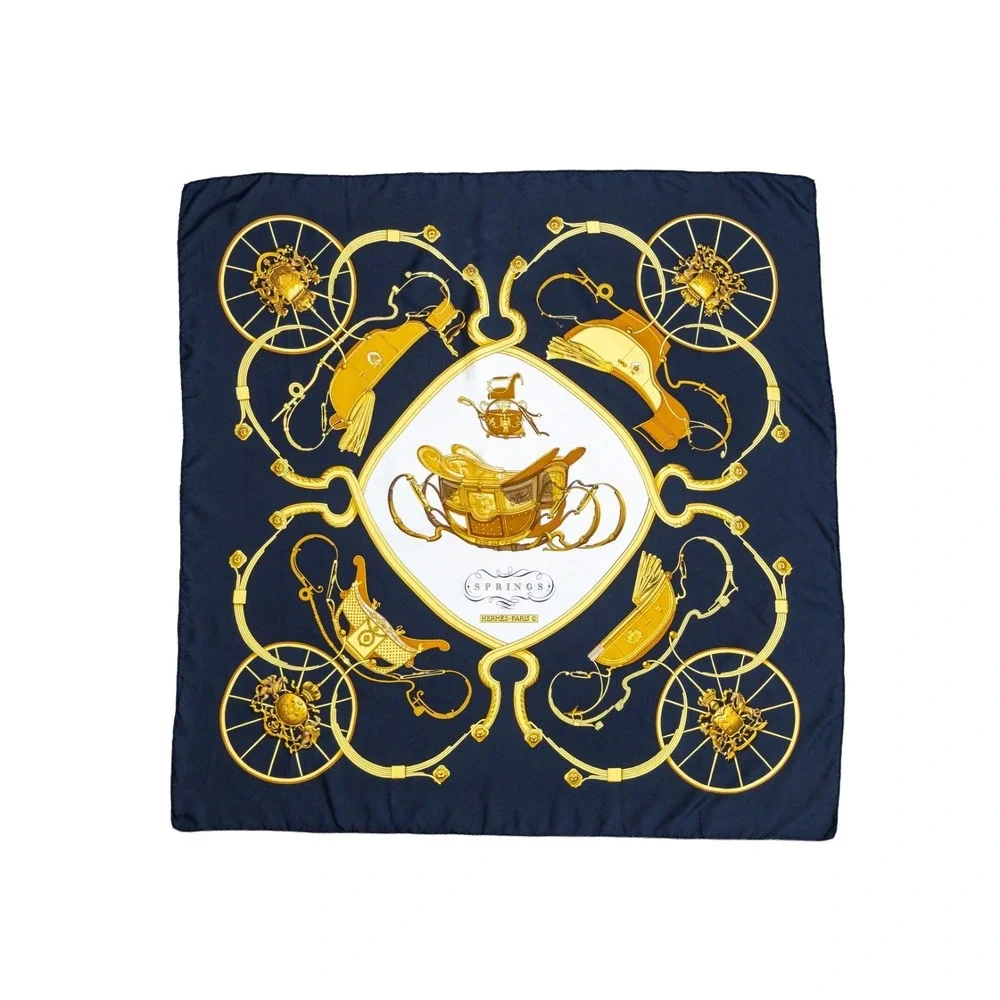 Hermès Springs Silk Scarf Black Gold Equestrian Carré 90 Vintage France